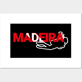 The word Madeira filled with the diving flag colours and a scuba diver Posters and Art